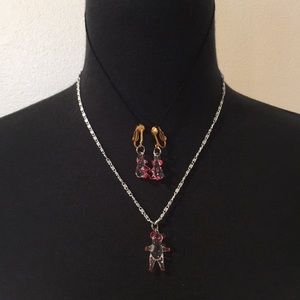 Vintage 90s Teddy Bear Necklace and Clip Earrings